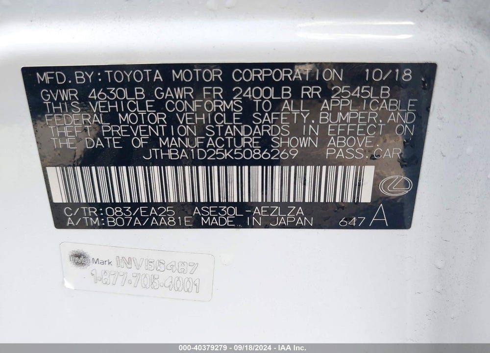 2019 LEXUS IS 300 VIN: JTHBA1D25K5086269