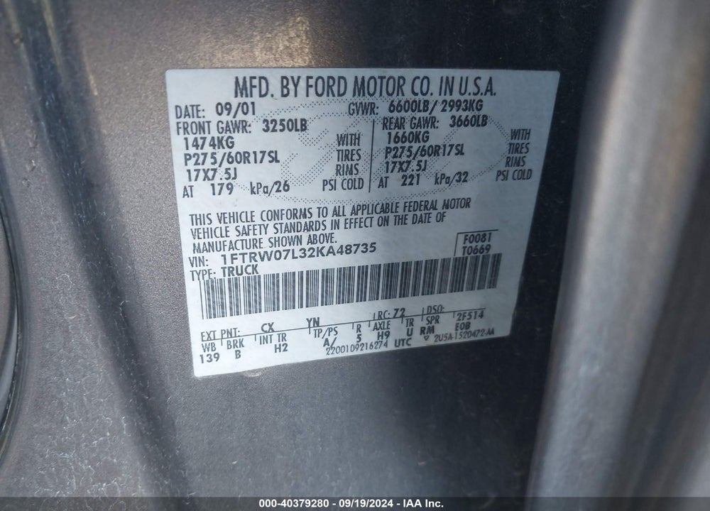 2002 FORD F-150 LARIAT/XLT VIN: 1FTRW07L32KA48735