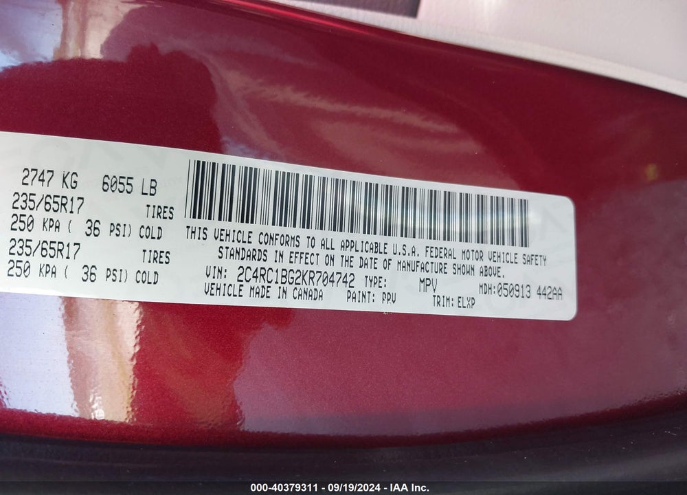 2019 CHRYSLER PACIFICA TOURING L VIN: 2C4RC1BG2KR704742