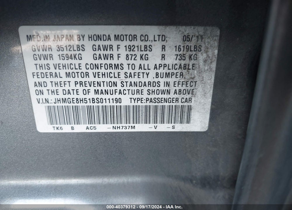 2011 HONDA FIT SPORT VIN: JHMGE8H51BS011190