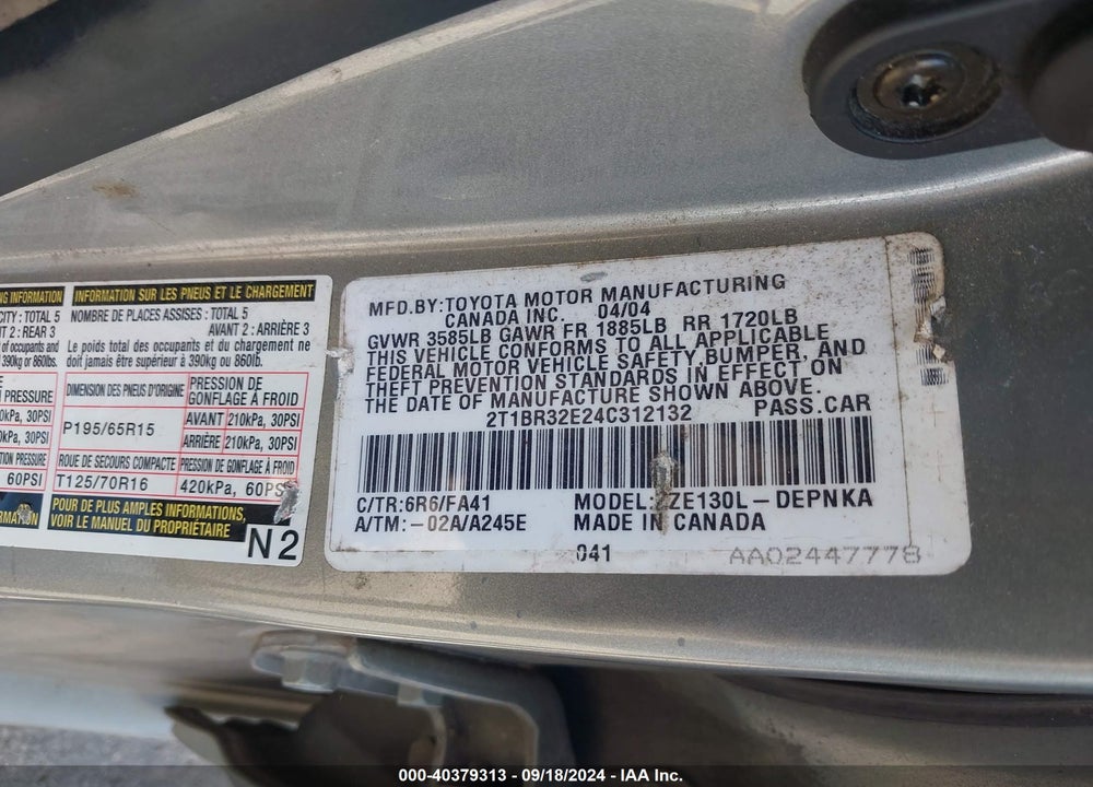 2004 TOYOTA COROLLA LE VIN: 2T1BR32E24C312132