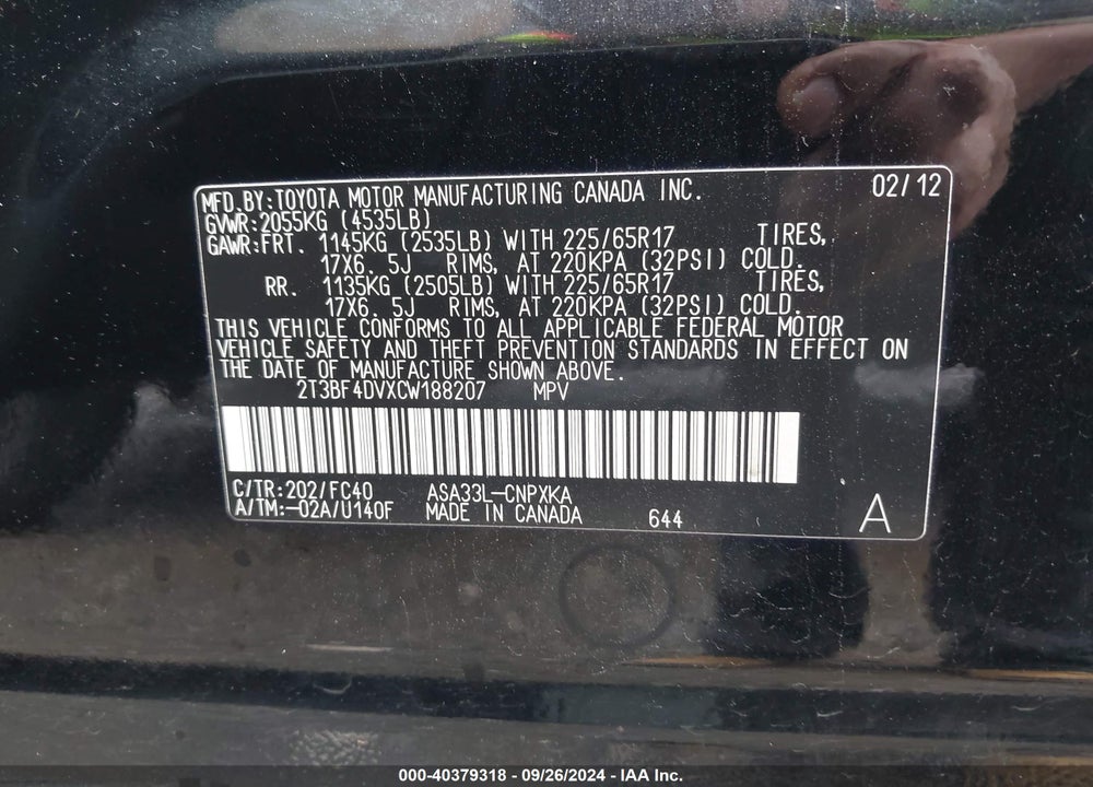2012 TOYOTA RAV4 VIN: 2T3BF4DVXCW188207