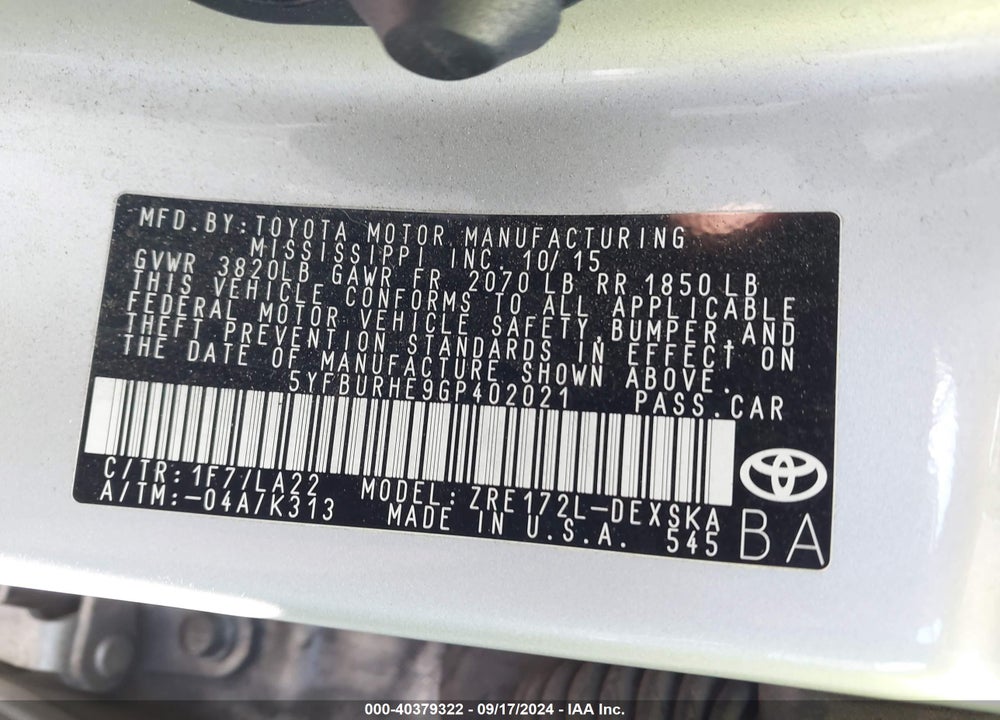 2016 TOYOTA COROLLA S PREMIUM VIN: 5YFBURHE9GP402021