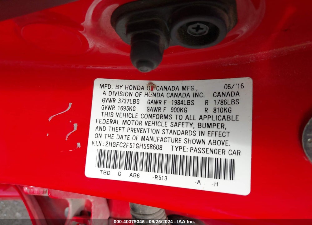 2016 HONDA CIVIC LX VIN: 2HGFC2F51GH558608