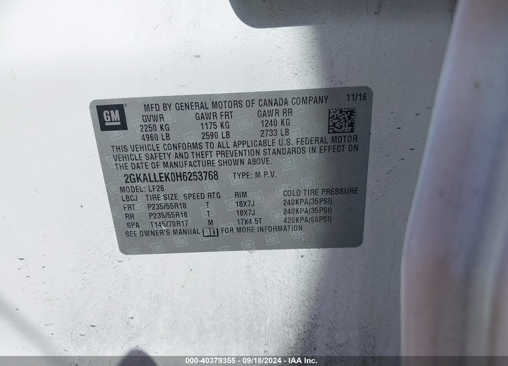 2017 GMC TERRAIN SL VIN: 2GKALLEK0H6253768