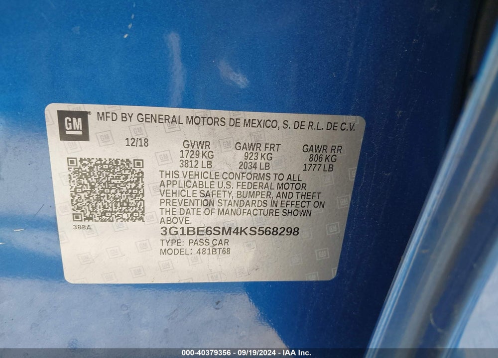 2019 CHEVROLET CRUZE LT VIN: 3G1BE6SM4KS568298