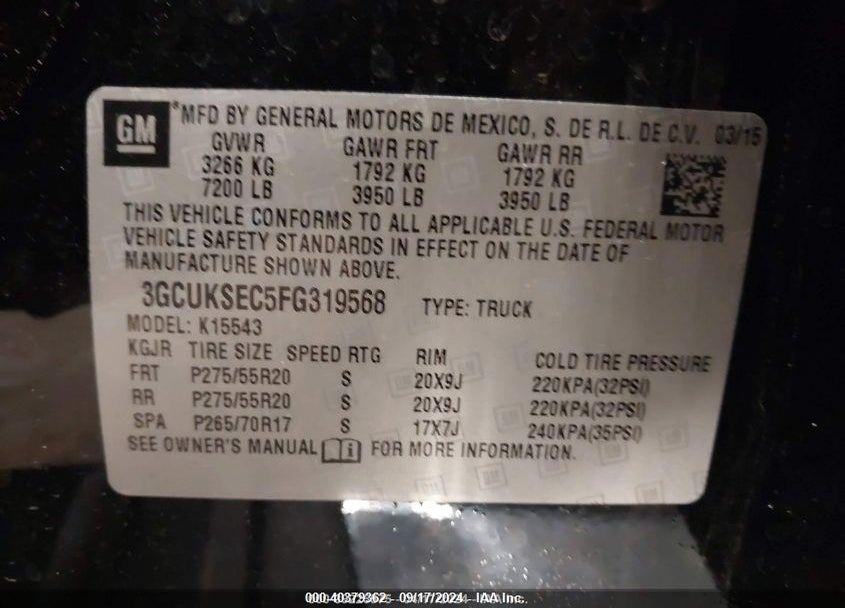 2015 CHEVROLET SILVERADO 1500 2LZ VIN: 3GCUKSEC5FG319568