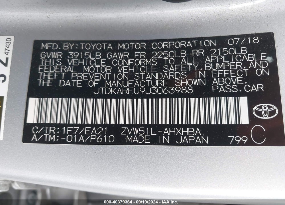 2018 TOYOTA PRIUS THREE TOURING VIN: JTDKARFU9J3063988