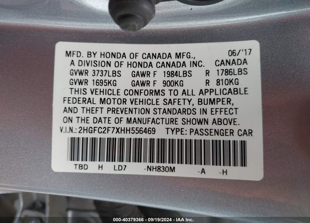 2017 HONDA CIVIC EX VIN: 2HGFC2F7XHH556469