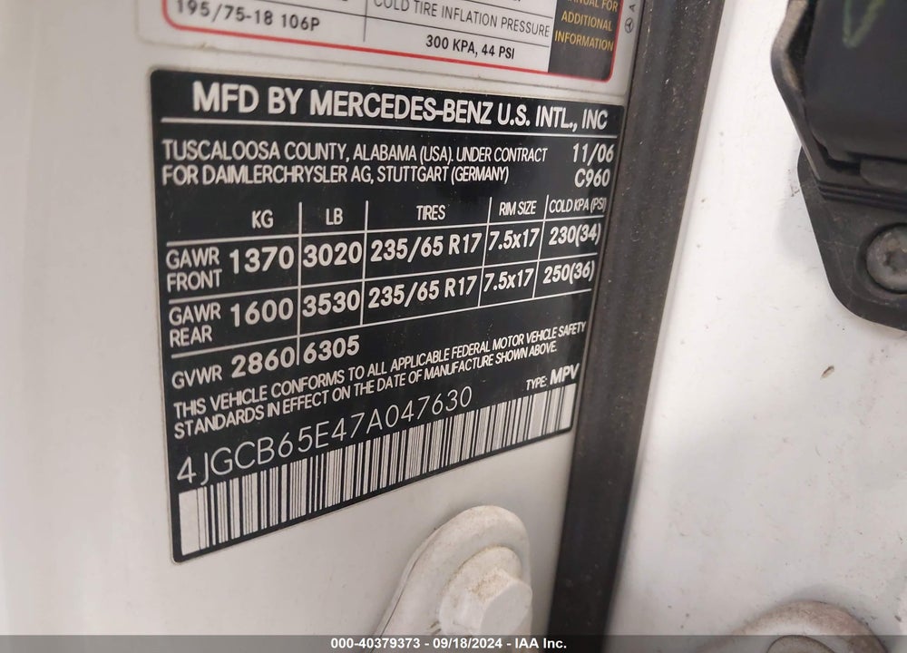 2007 MERCEDES-BENZ R 350 VIN: 4JGCB65E47A047630