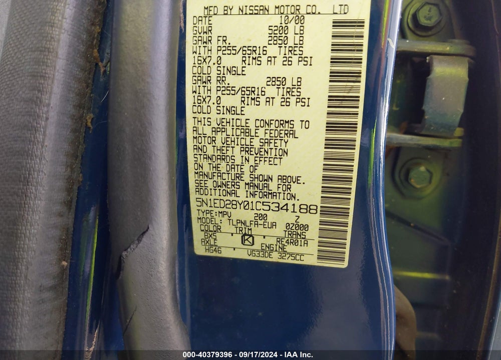 2001 NISSAN XTERRA SE VIN: 5N1ED28Y01C534188