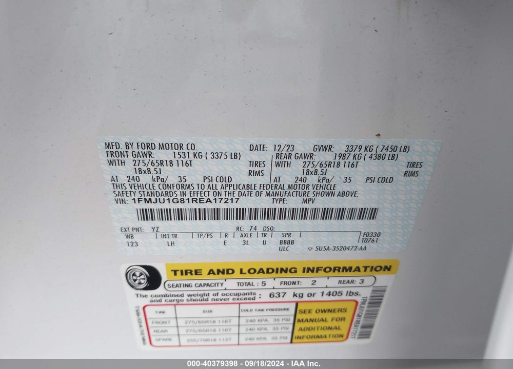 2024 FORD EXPEDITION XL VIN: 1FMJU1G81REA17217