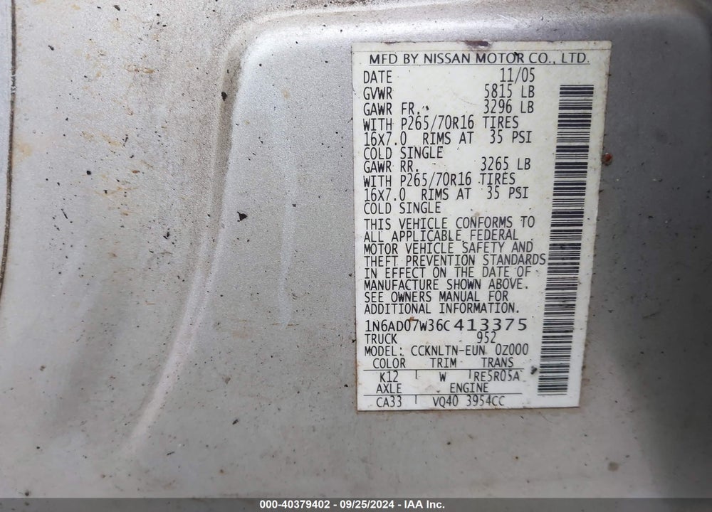 2006 NISSAN FRONTIER SE VIN: 1N6AD07W36C413375