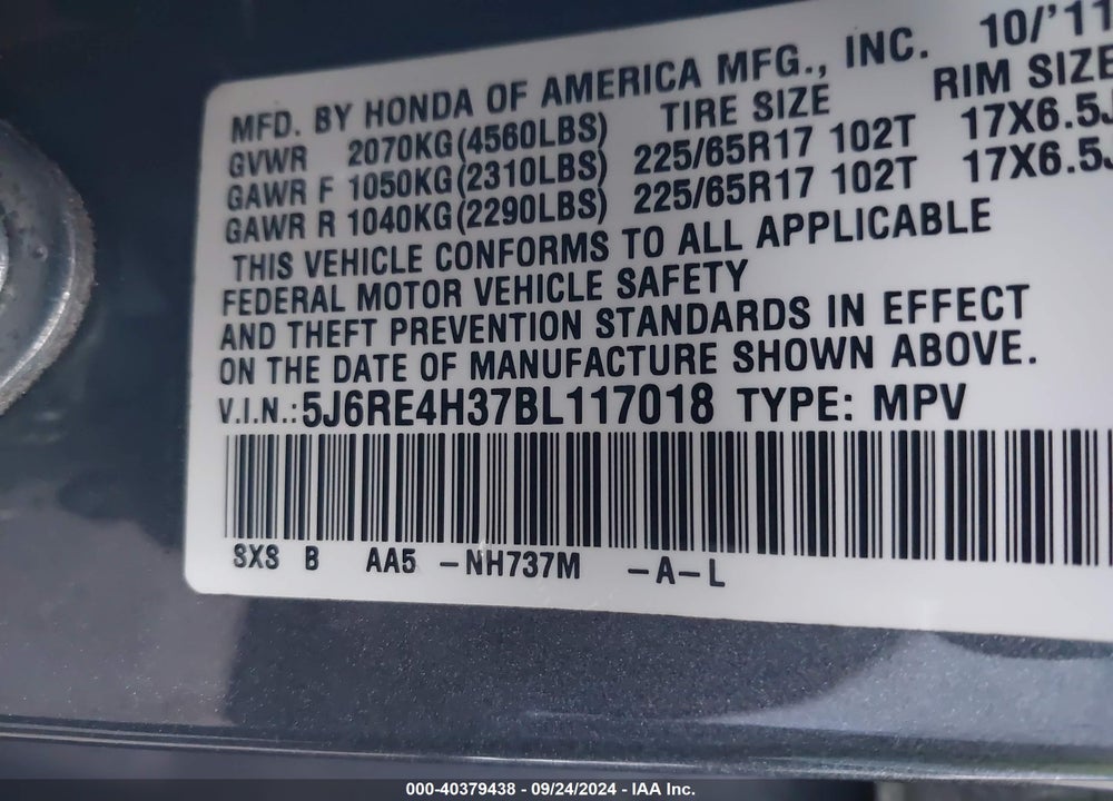 2011 HONDA CR-V LX VIN: 5J6RE4H37BL117018