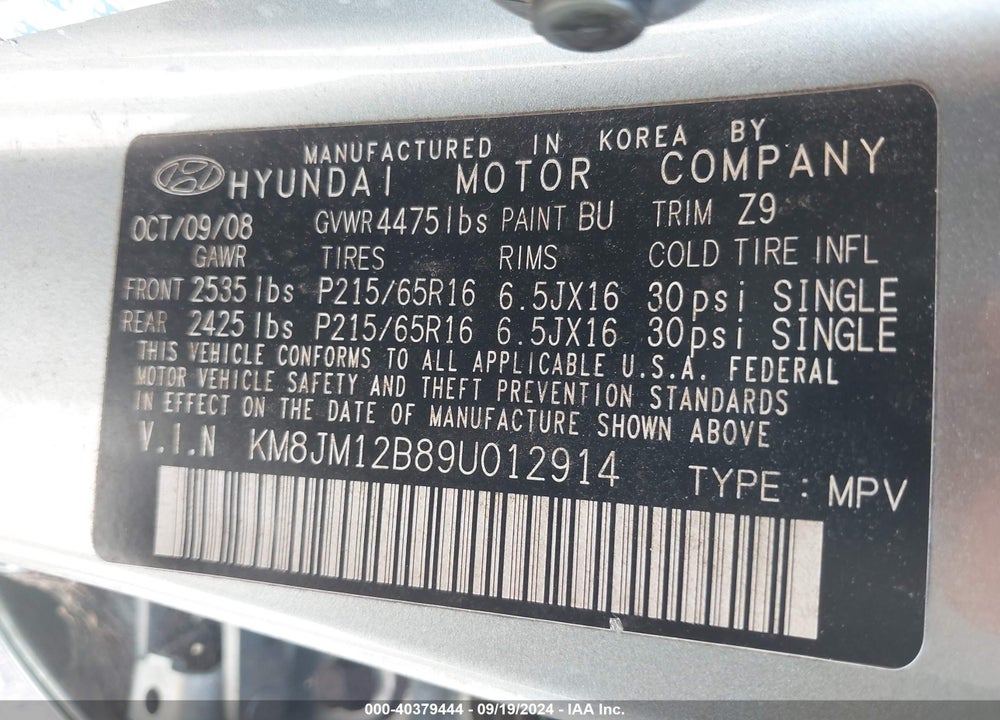 2009 HYUNDAI TUCSON GLS VIN: KM8JM12B89U012914