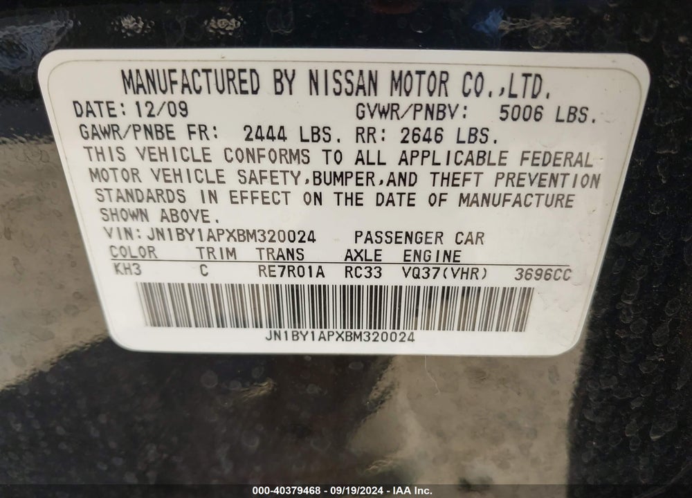 2011 INFINITI M37 VIN: JN1BY1APXBM320024