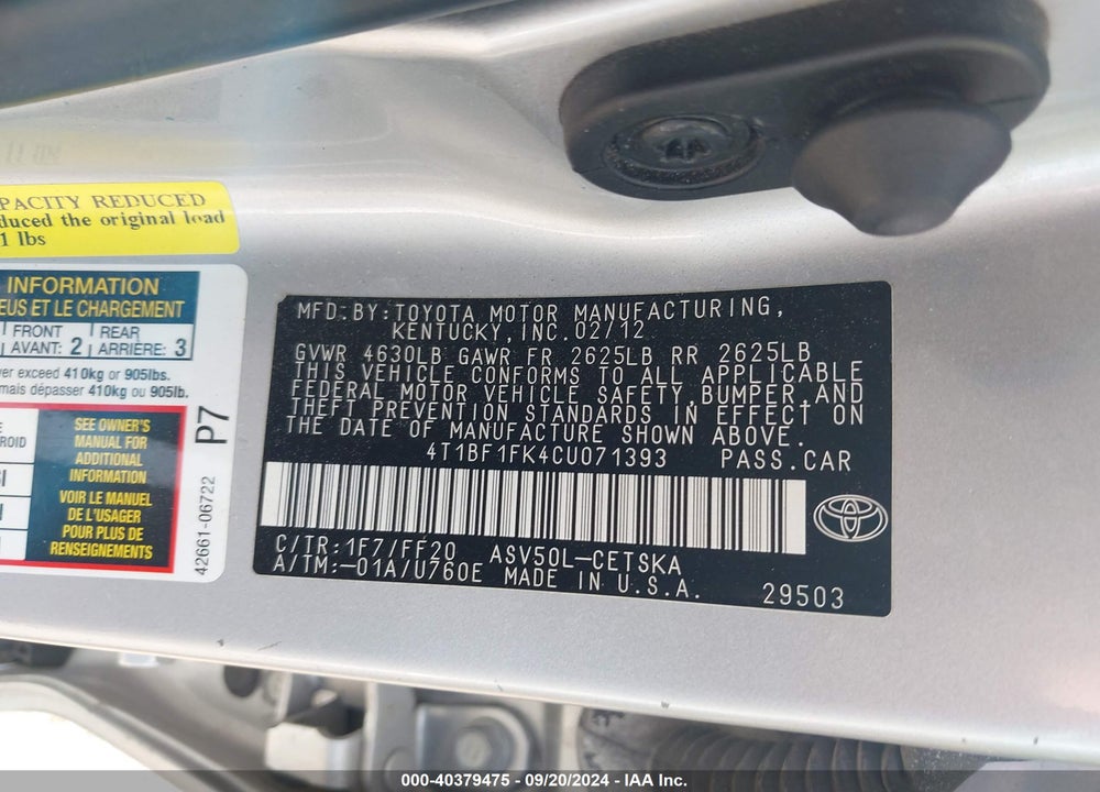 2012 TOYOTA CAMRY SE VIN: 4T1BF1FK4CU071393