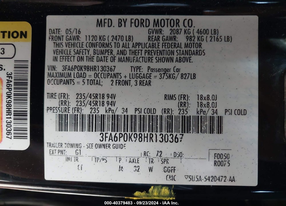 2017 FORD FUSION TITANIUM VIN: 3FA6P0K98HR130367