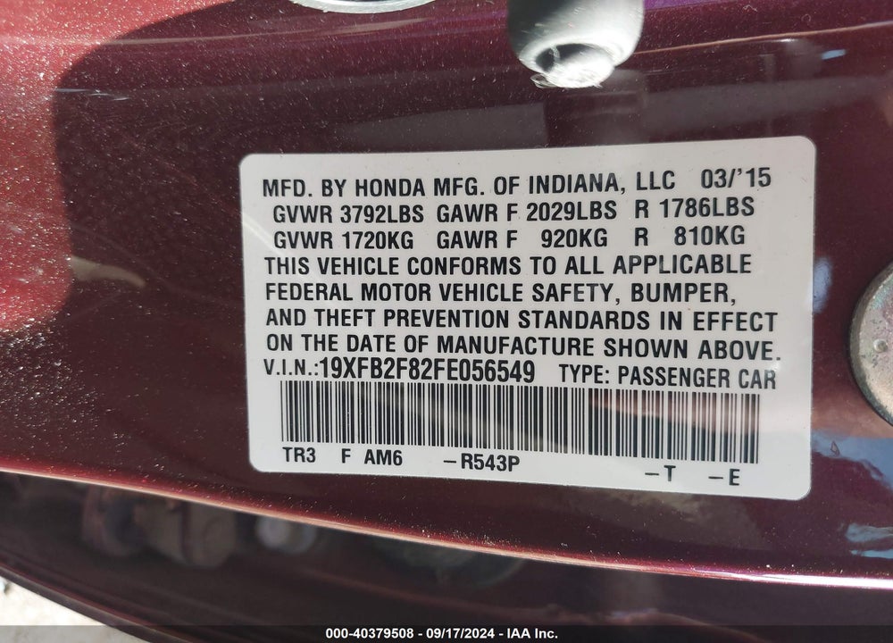 2015 HONDA CIVIC EX VIN: 19XFB2F82FE056549