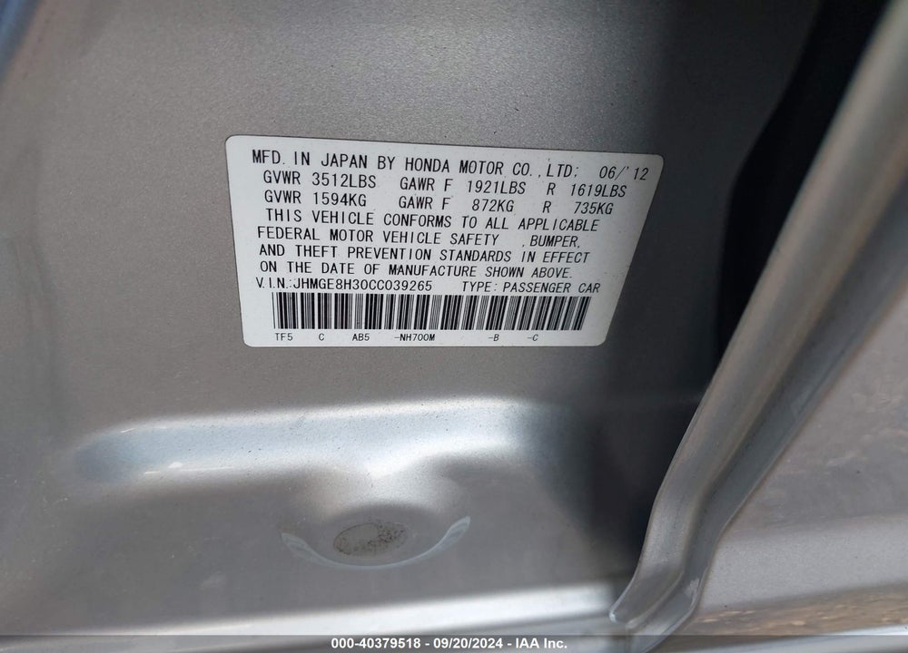 2012 HONDA FIT VIN: JHMGE8H30CC039265
