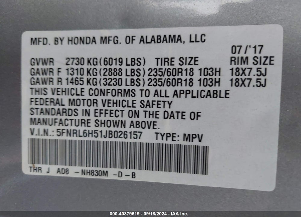 2018 HONDA ODYSSEY EX VIN: 5FNRL6H51JB026157