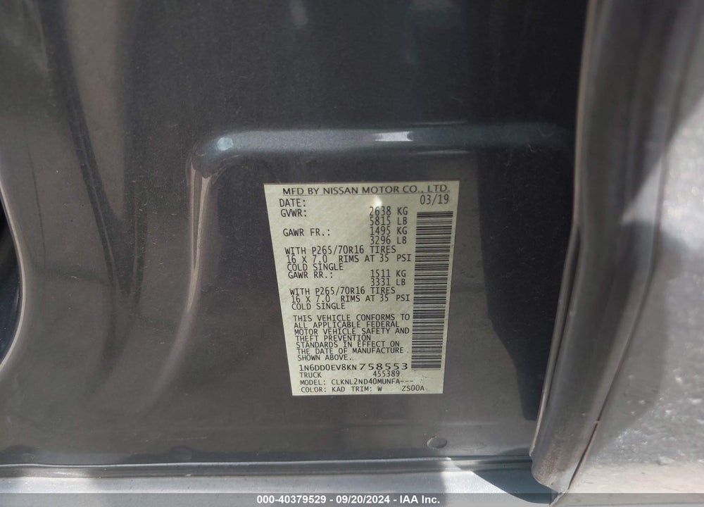 2019 NISSAN FRONTIER SV VIN: 1N6DD0EV8KN758553