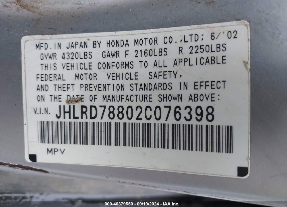 2002 HONDA CR-V EX VIN: JHLRD78802C076398