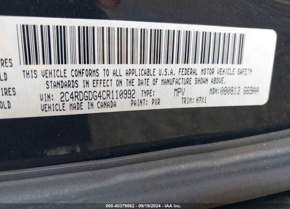 2012 DODGE GRAND CARAVAN CREW VIN: 2C4RDGDG4CR110992