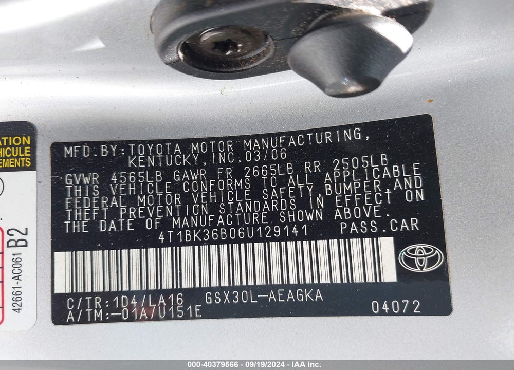 2006 TOYOTA AVALON XLS VIN: 4T1BK36B06U129141