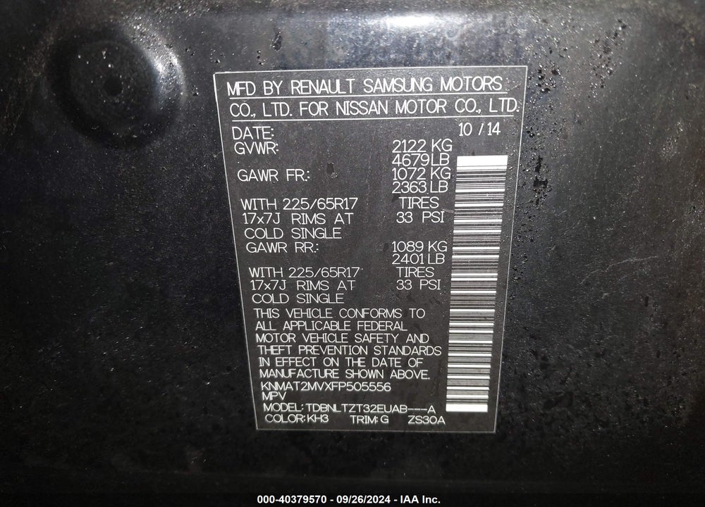2015 NISSAN ROGUE SV VIN: KNMAT2MVXFP505556