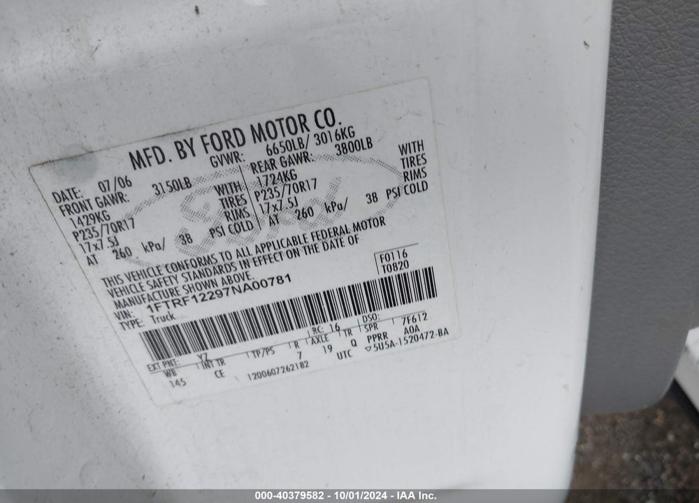 2007 FORD F-150 STX/XL/XLT VIN: 1FTRF12297NA00781