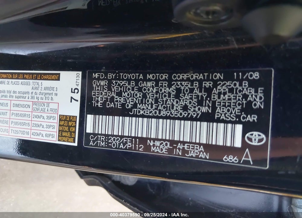 2009 TOYOTA PRIUS VIN: JTDKB20U893509797