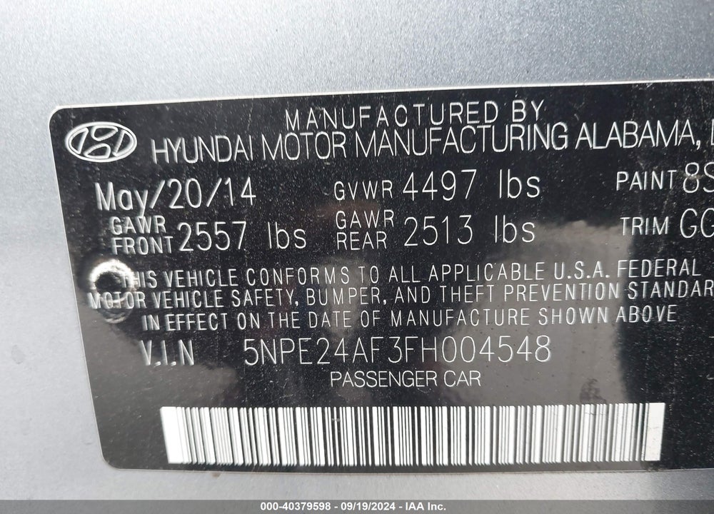 2015 HYUNDAI SONATA SE VIN: 5NPE24AF3FH004548