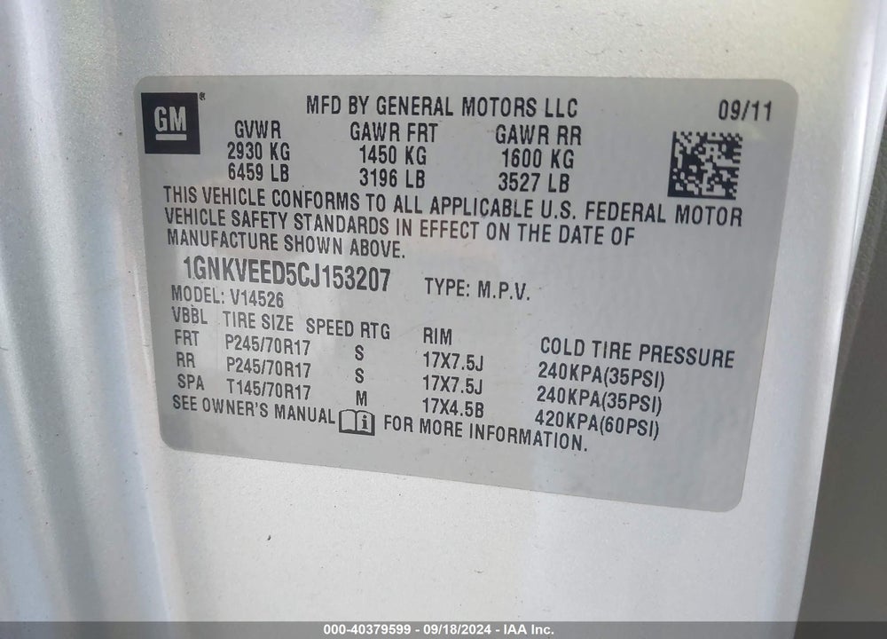 2012 CHEVROLET TRAVERSE LS VIN: 1GNKVEED5CJ153207