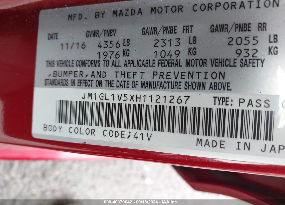 2017 MAZDA 6 TOURING VIN: JM1GL1V5XH1121267