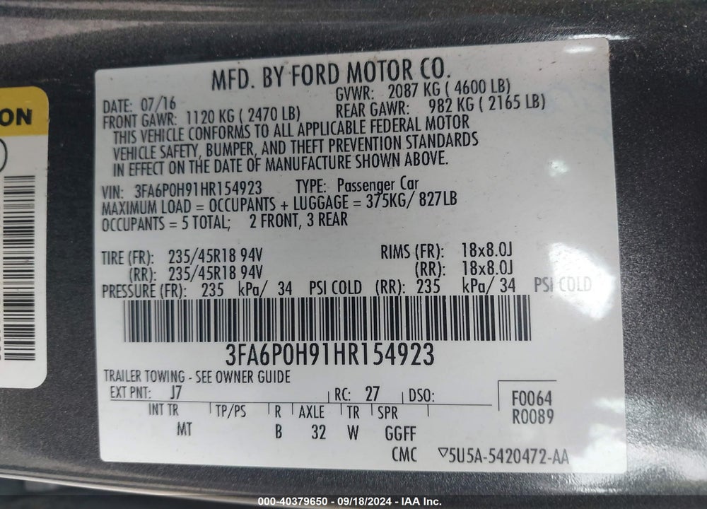 2017 FORD FUSION SE VIN: 3FA6P0H91HR154923