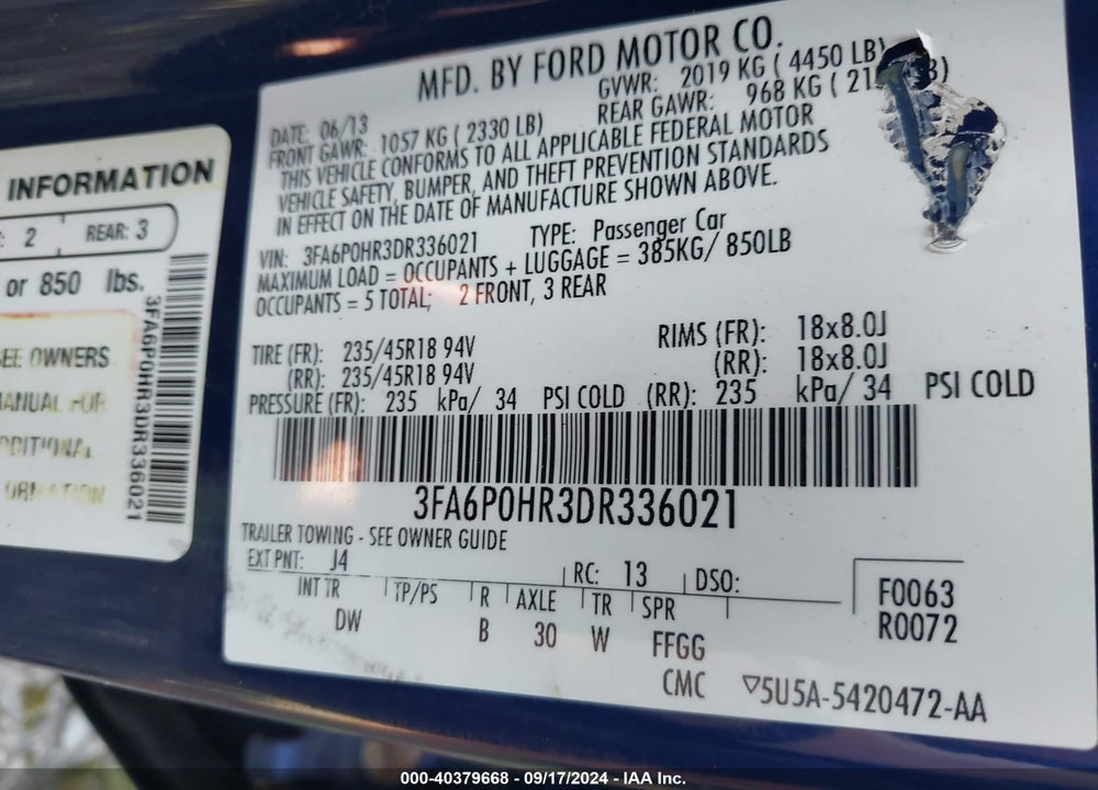 2013 FORD FUSION SE VIN: 3FA6P0HR3DR336021