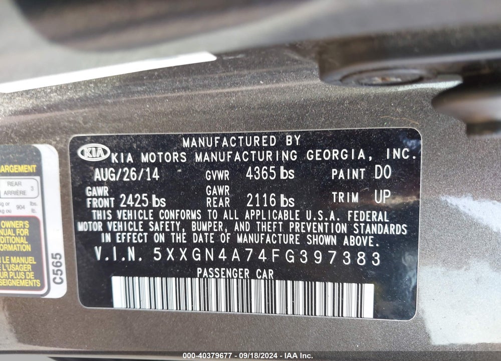 2015 KIA OPTIMA EX VIN: 5XXGN4A74FG397383