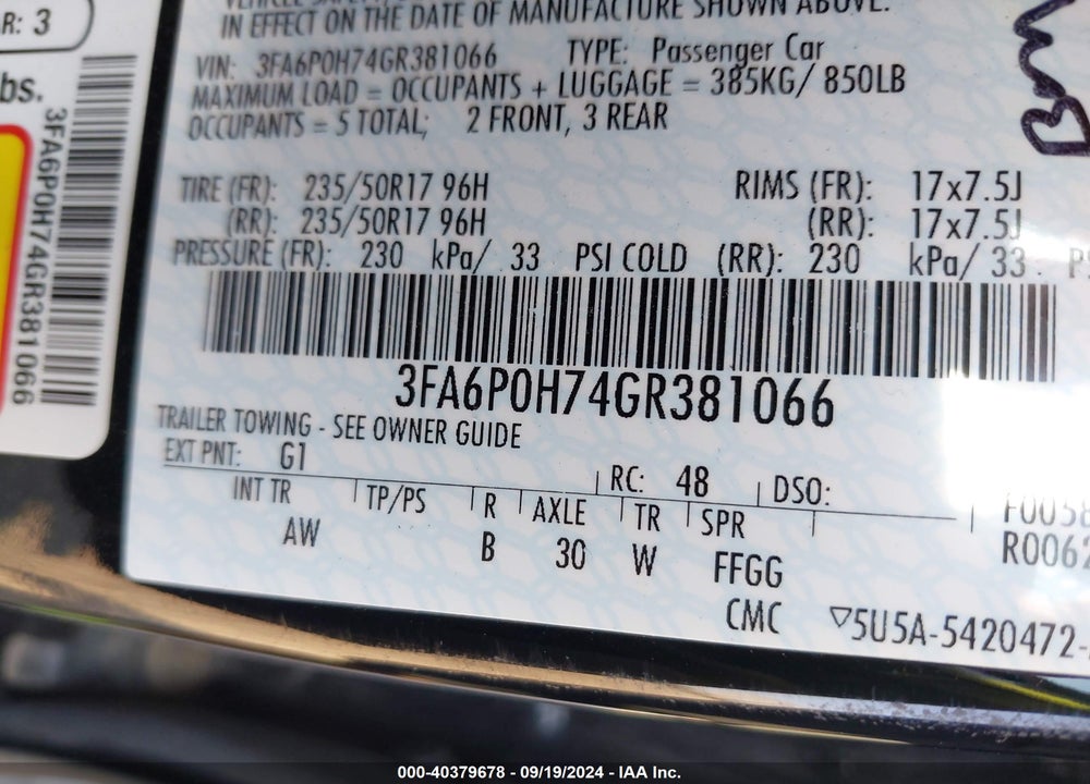 2016 FORD FUSION SE VIN: 3FA6P0H74GR381066