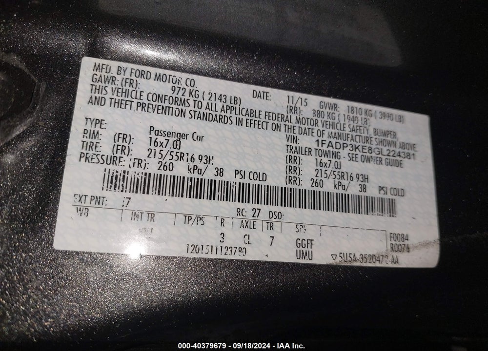 2016 FORD FOCUS SE VIN: 1FADP3KE8GL224381