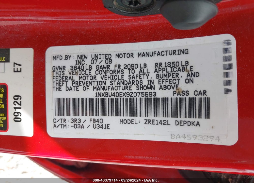 2009 TOYOTA COROLLA LE VIN: 1NXBU40EX9Z075693