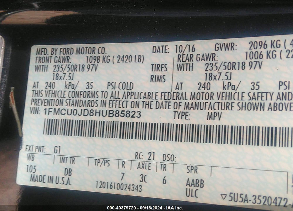 2017 FORD ESCAPE TITANIUM VIN: 1FMCU0JD8HUB85823