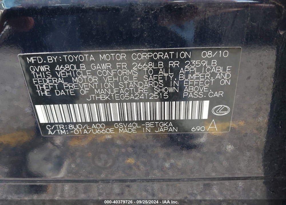 2010 LEXUS ES 350 VIN: JTHBK1EG5A2412515