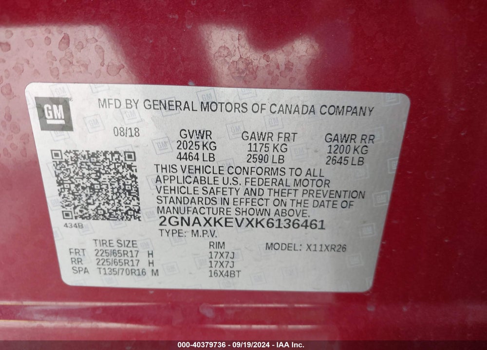 2019 CHEVROLET EQUINOX LT VIN: 2GNAXKEVXK6136461