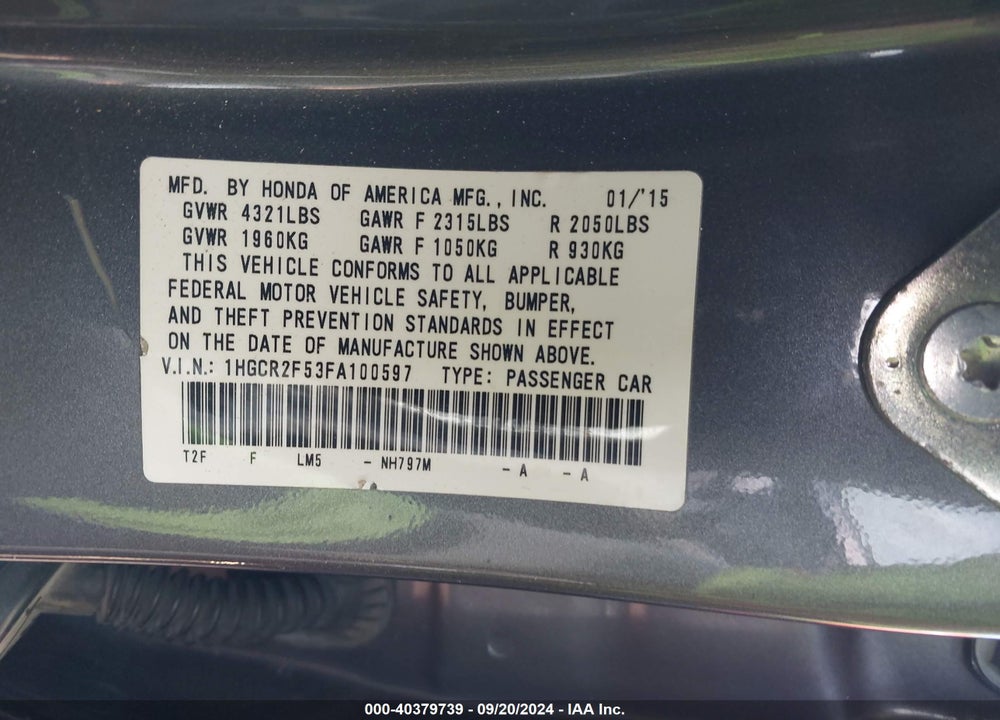 2015 HONDA ACCORD SPORT VIN: 1HGCR2F53FA100597