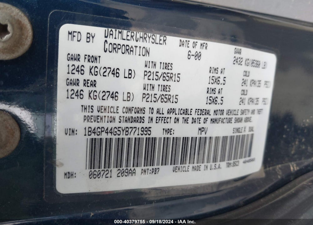 2000 DODGE GRAND CARAVAN SE VIN: 1B4GP44G5YB771995