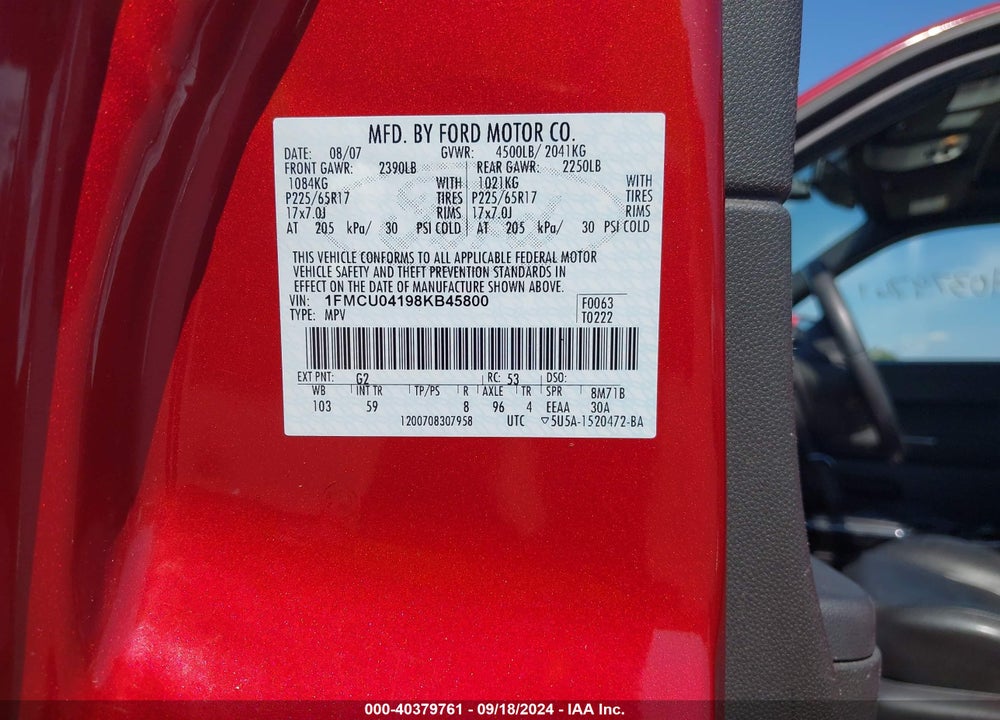 2008 FORD ESCAPE LIMITED VIN: 1FMCU04198KB45800