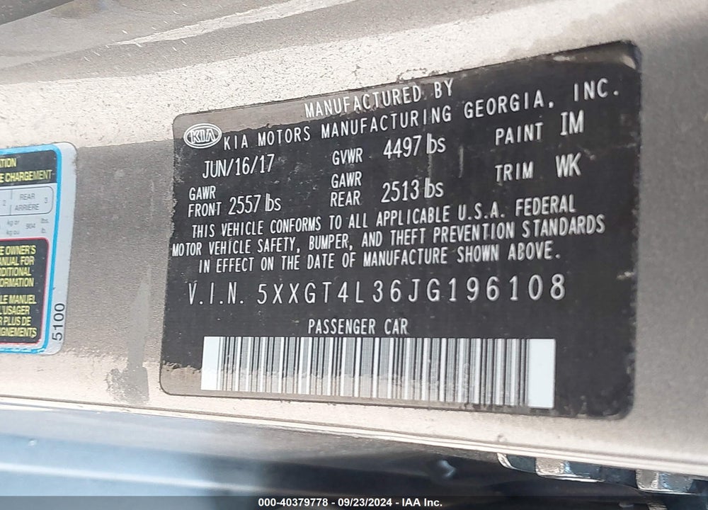 2018 KIA OPTIMA LX VIN: 5XXGT4L36JG196108