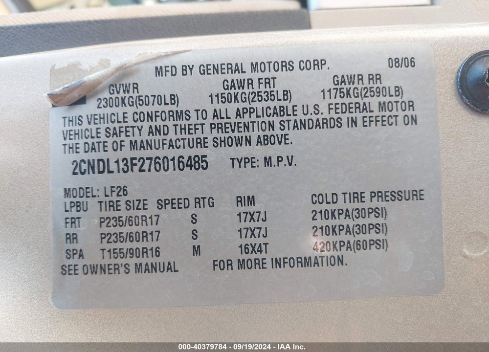 2007 CHEVROLET EQUINOX LS VIN: 2CNDL13F276016485