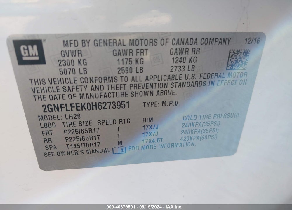 2017 CHEVROLET EQUINOX LT VIN: 2GNFLFEK0H6273951